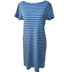 RALPH Ralph Lauren Blue Striped Boat Neck Collar Short Sleeve Cotton Dress Sz L